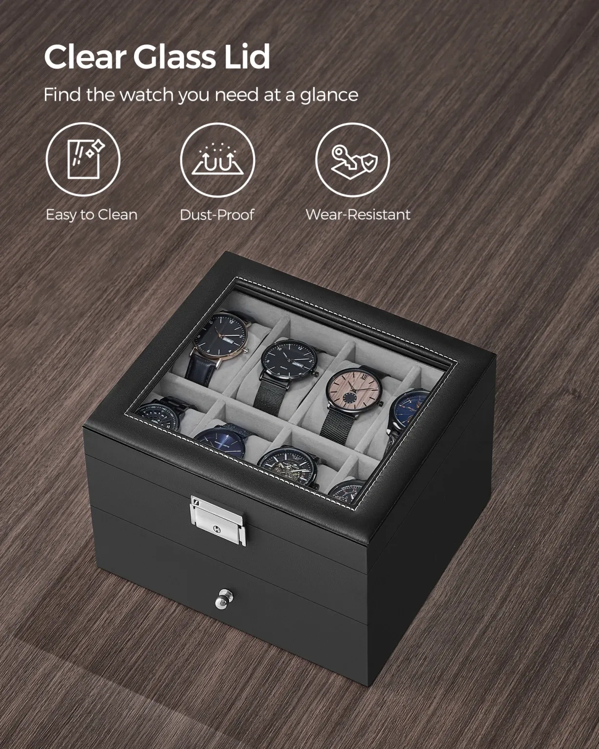 20 Slot Watch Display Case with 2-layer design, clear glass lid, black synthetic leather exterior, velvet interior, removable pillows, and secure lock