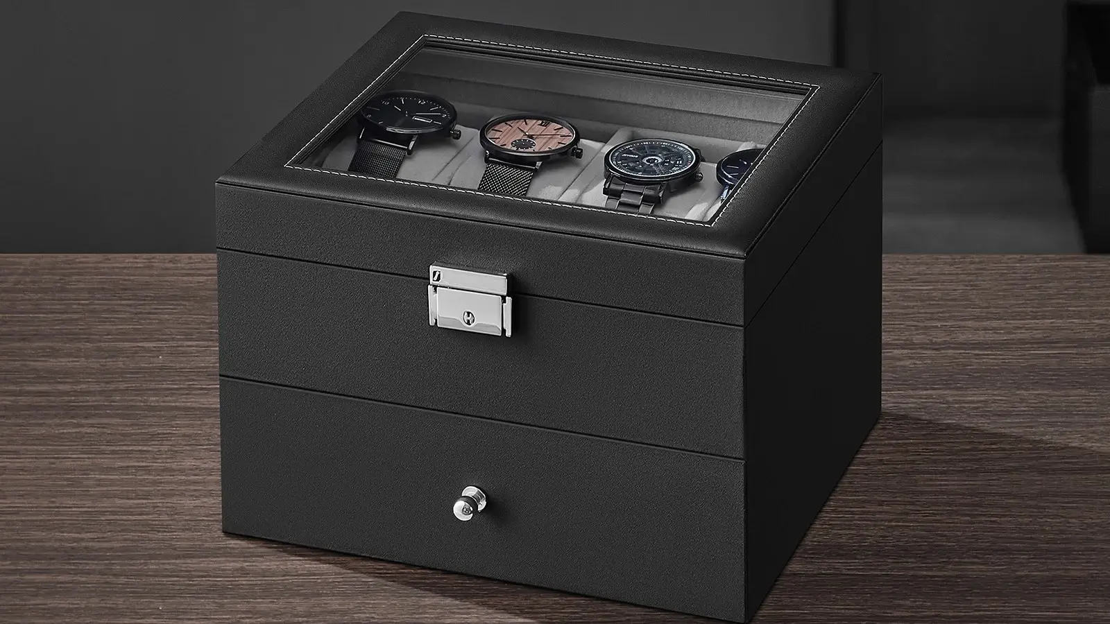 20 Slot Watch Display Case with 2-layer design, glass lid, and black leather exterior for elegant watch storage