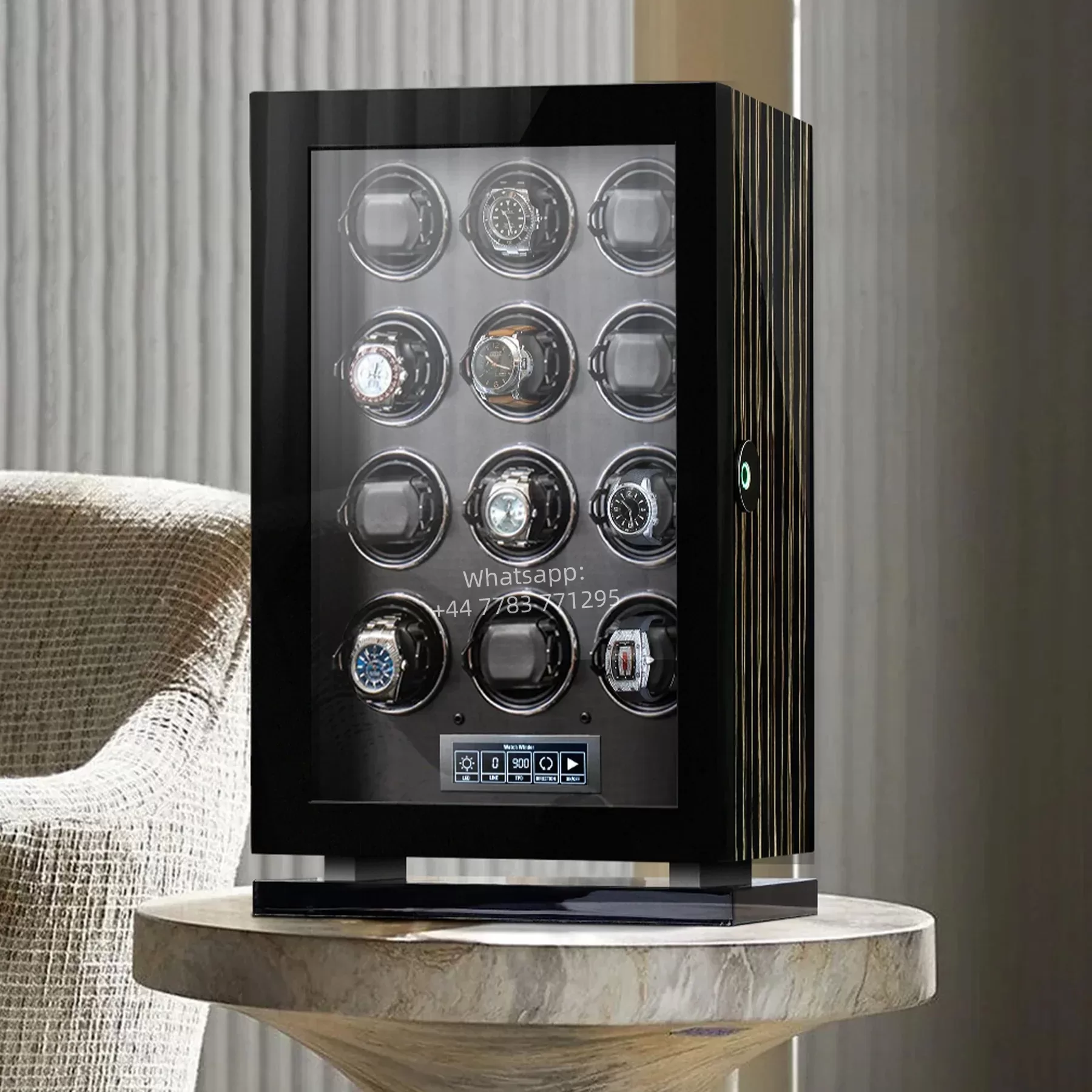 Luxury 4-Slot Automatic Watch Winder with Fingerprint Unlock, Touchscreen Control, Interior LED Backlight, Sustainable Wood & Leather Design, Silent Japanese Motors, OEM/ODM Customization, CE & EPR Certified - 图片 12