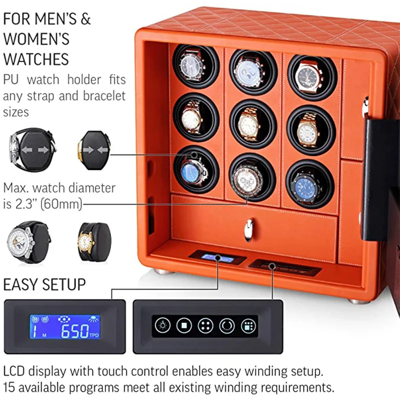 Automatic Watch Winder Safe Box with 6/9/12 Slots, Intelligent Rotation Programs 650–1950 TPD, Carbon Steel Hidden Strongbox with Fingerprint Unlock, Digital Code, Key Access, Alarm and Security Glass 15