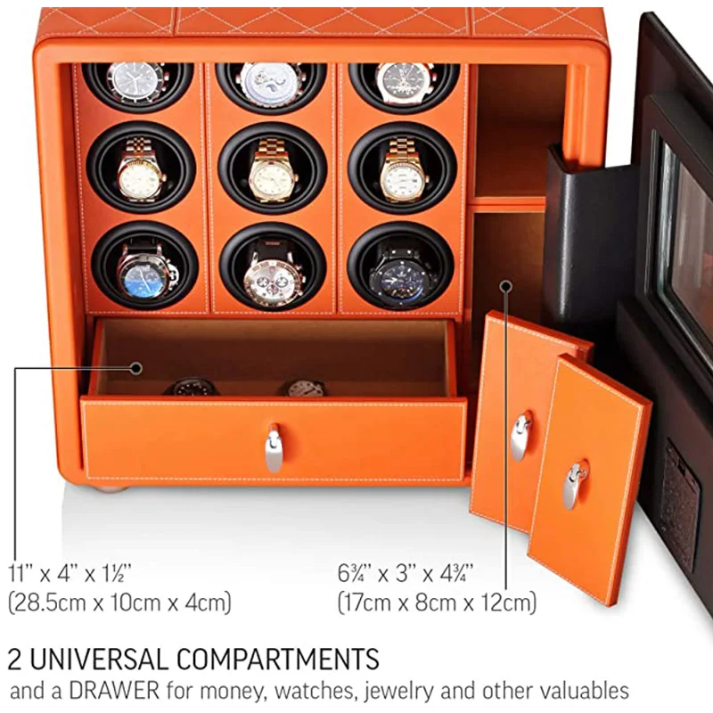 Automatic Watch Winder Safe Box with 6/9/12 Slots, Intelligent Rotation Programs 650–1950 TPD, Carbon Steel Hidden Strongbox with Fingerprint Unlock, Digital Code, Key Access, Alarm and Security Glass 14