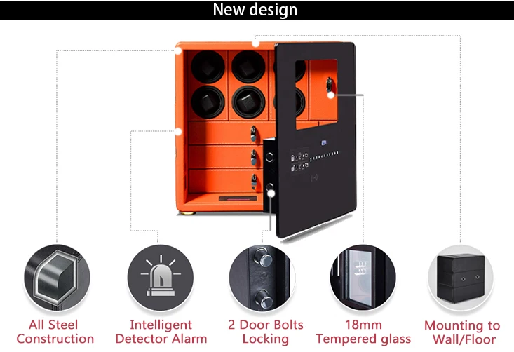 Automatic Watch Winder Safe Box with 6/9/12 Slots, Intelligent Rotation Programs 650–1950 TPD, Carbon Steel Hidden Strongbox with Fingerprint Unlock, Digital Code, Key Access, Alarm and Security Glass