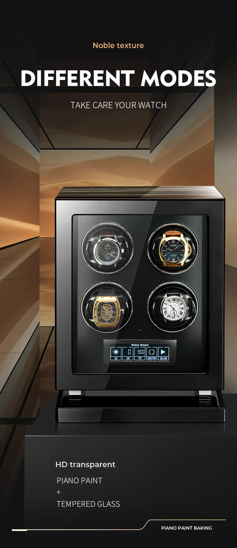 Luxury 4-Slot Automatic Watch Winder with Fingerprint Unlock, Touchscreen Control, Interior LED Backlight, Sustainable Wood & Leather Design, Silent Japanese Motors, OEM/ODM Customization, CE & EPR Certified 2