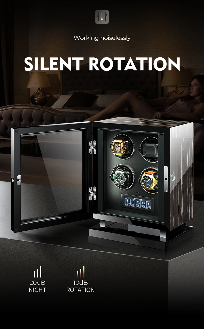 Luxury 4-Slot Automatic Watch Winder with Fingerprint Unlock, Touchscreen Control, Interior LED Backlight, Sustainable Wood & Leather Design, Silent Japanese Motors, OEM/ODM Customization, CE & EPR Certified 8