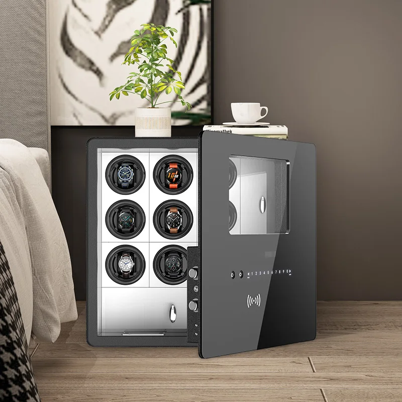 Automatic Watch Winder Safe Box with 6/9/12 Slots, Intelligent Rotation Programs 650–1950 TPD, Carbon Steel Hidden Strongbox with Fingerprint Unlock, Digital Code, Key Access, Alarm and Security Glass 13