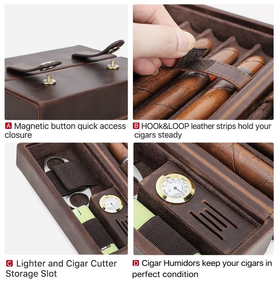 Leather Cigar Travel Humidor showing dual zipper, cedar lining, and organized compartments for 7 cigars and accessories