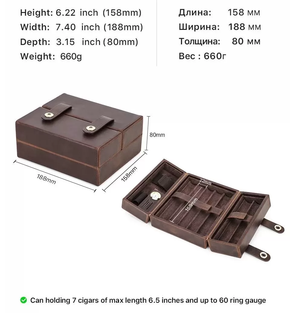 Leather Cigar Travel Humidor with dual zipper and cedar lining for 4 cigars