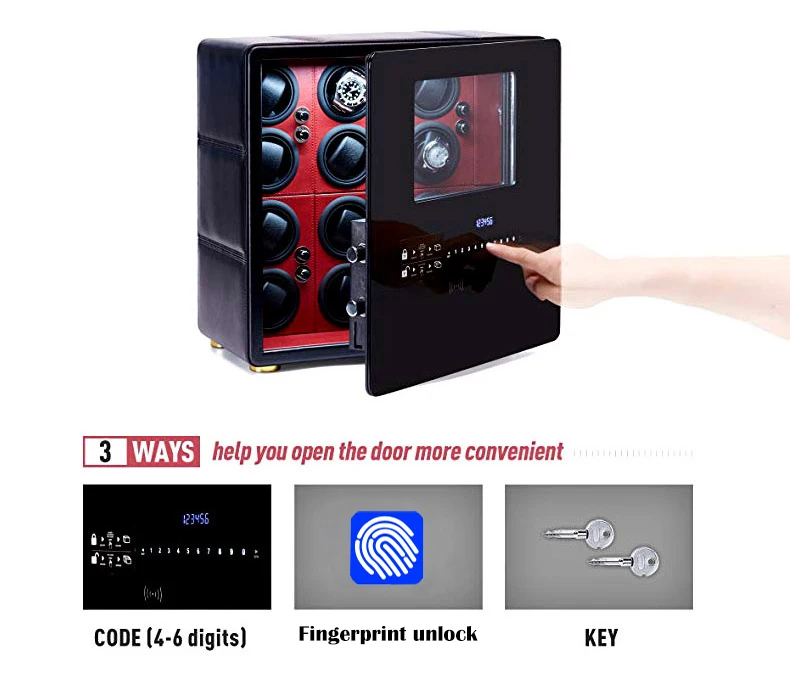 Automatic Watch Winder Safe Box with 6/9/12 Slots, Intelligent Rotation Programs 650–1950 TPD, Carbon Steel Hidden Strongbox with Fingerprint Unlock, Digital Code, Key Access, Alarm and Security Glass 11