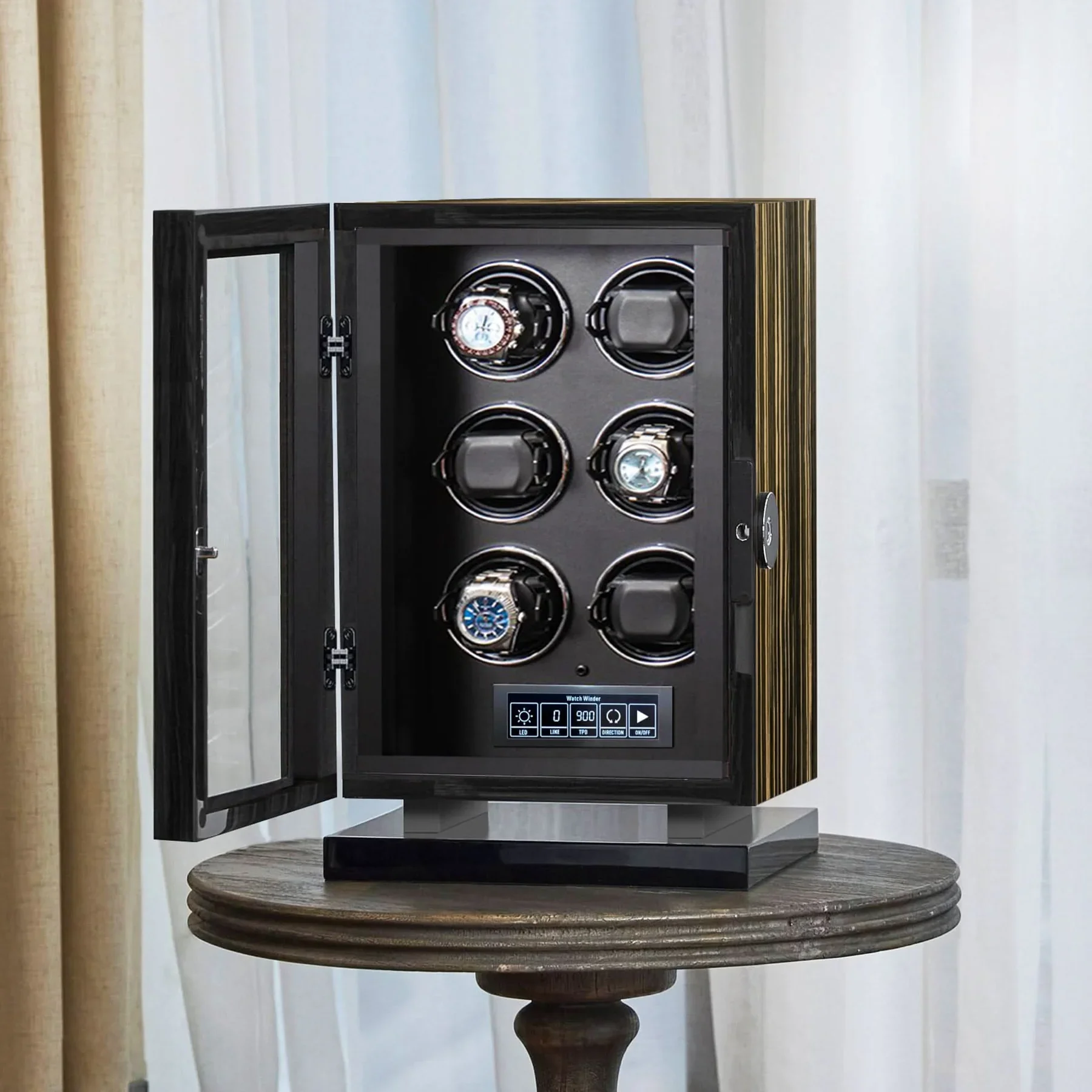 Luxury 4-Slot Automatic Watch Winder with Fingerprint Unlock, Touchscreen Control, Interior LED Backlight, Sustainable Wood & Leather Design, Silent Japanese Motors, OEM/ODM Customization, CE & EPR Certified - 图片 5