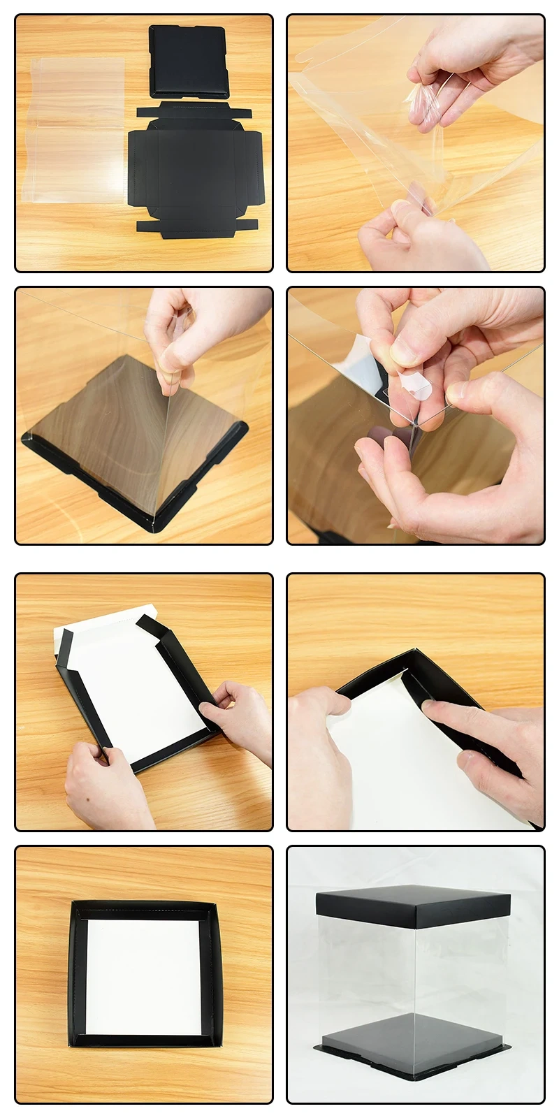 Step-by-step assembly of a transparent PVC cake gift box, folding from flat layout to sturdy 4-inch or 6-inch cake box