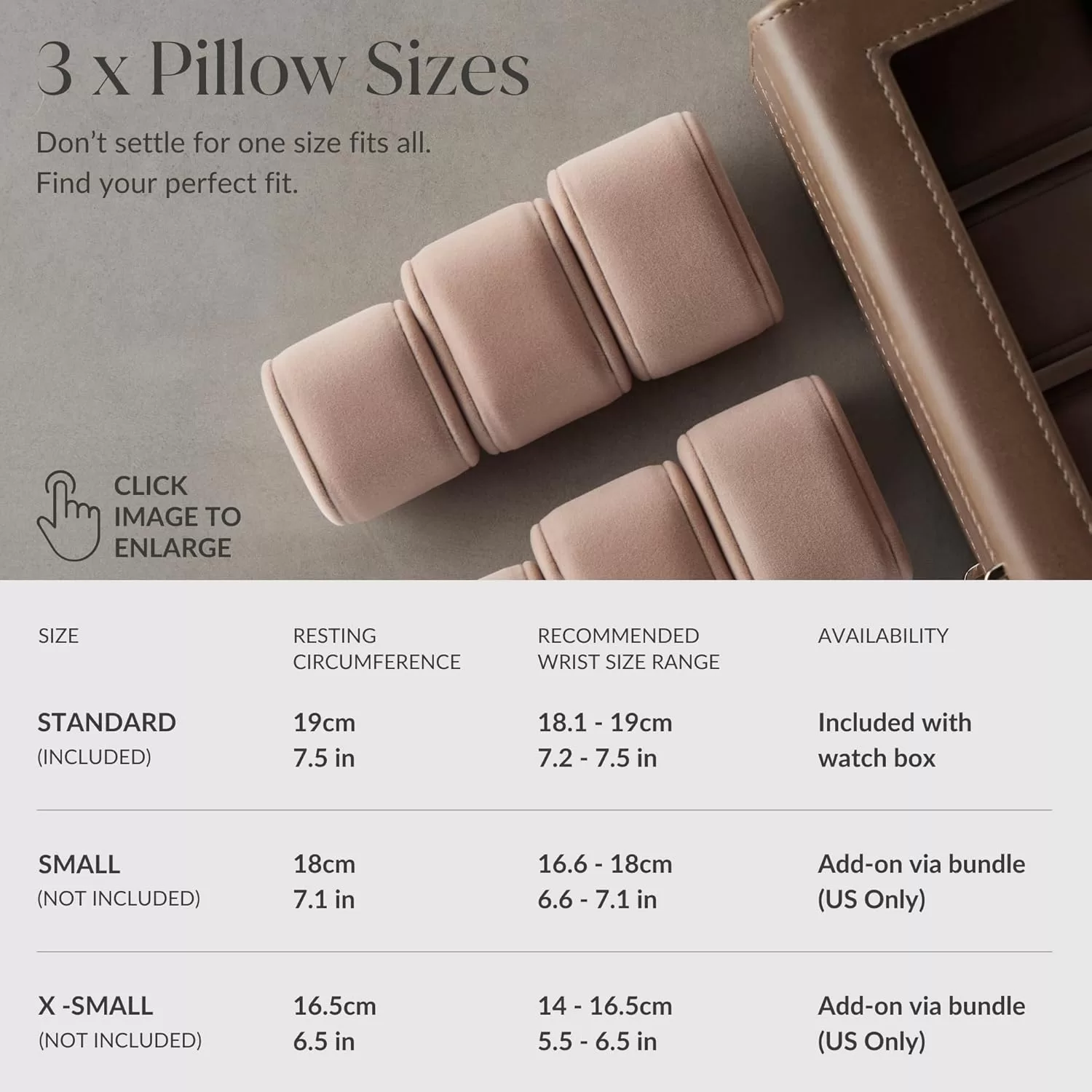 Three size watch cushion for luxury watch box: showcasing small, medium, and large cushion dimensions for custom OEM fitting and B2B orders.