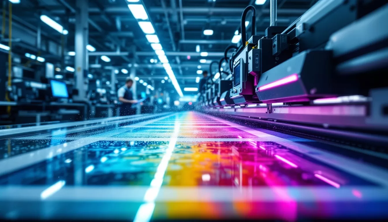 Thermal transfer production equipment showing industrial TTO printer, pneumatic heat press, hydrographic dipping tank, and UV coating system