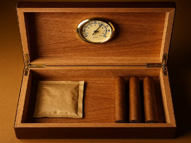 cigar humidor humidification system cedar lining Boveda hygrometer UGI Packaging
