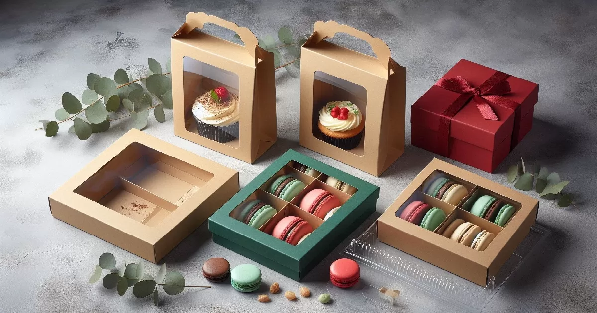 custom cake packaging box manufacturer window kraft clear PET gable handle macaron grid UGI Packaging Guangzhou food grade